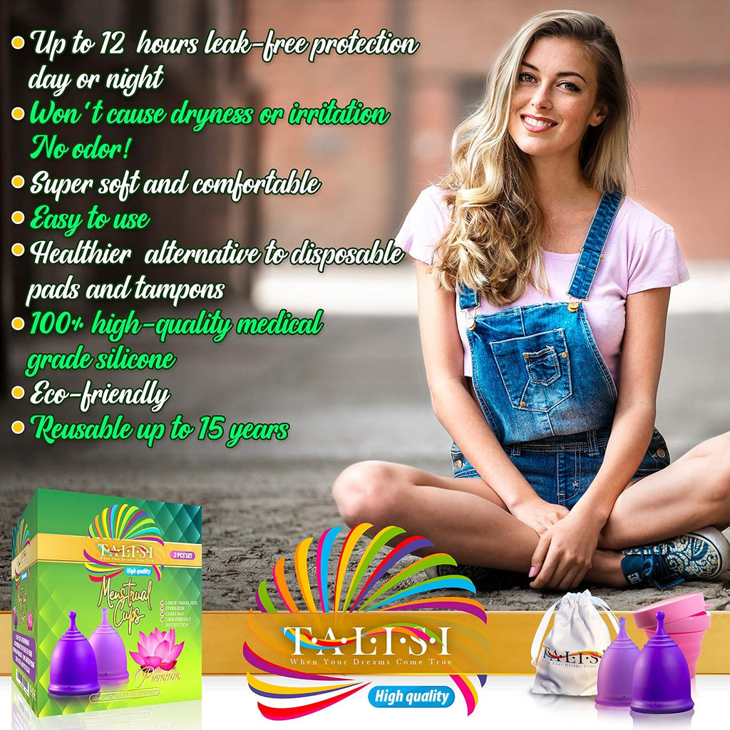 Talisi Reusable Menstrual Cup (Small & Large) Set of 2 with Foldable Silicone Sterilizer, Copa Menstruelle, Soft