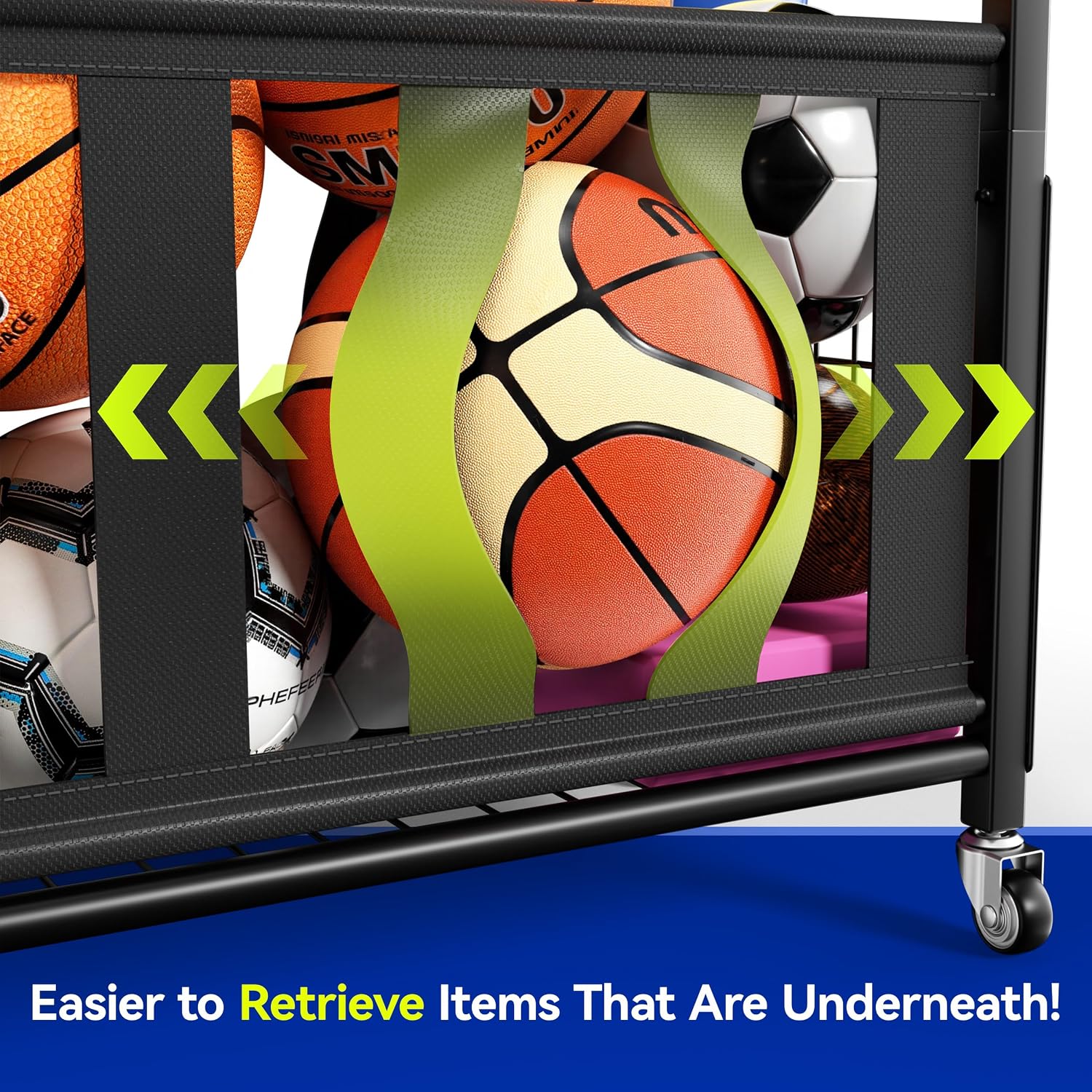 Sports Equipment Organizer, Large Capacity Garage Ball Storage Rack | Heavy-Duty Rolling Ball Cart with Locking
