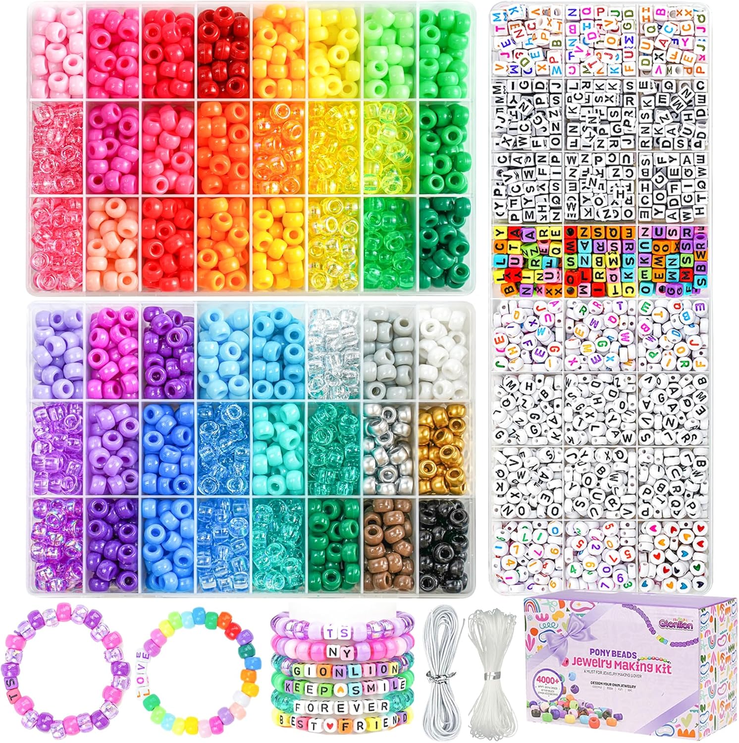 4200Pcs Pony Beads for Bracelet Making Kit, 48 Colors Kandi Beads Bracelet Kit, 2500PCS Rainbow Candy, 1700PCS