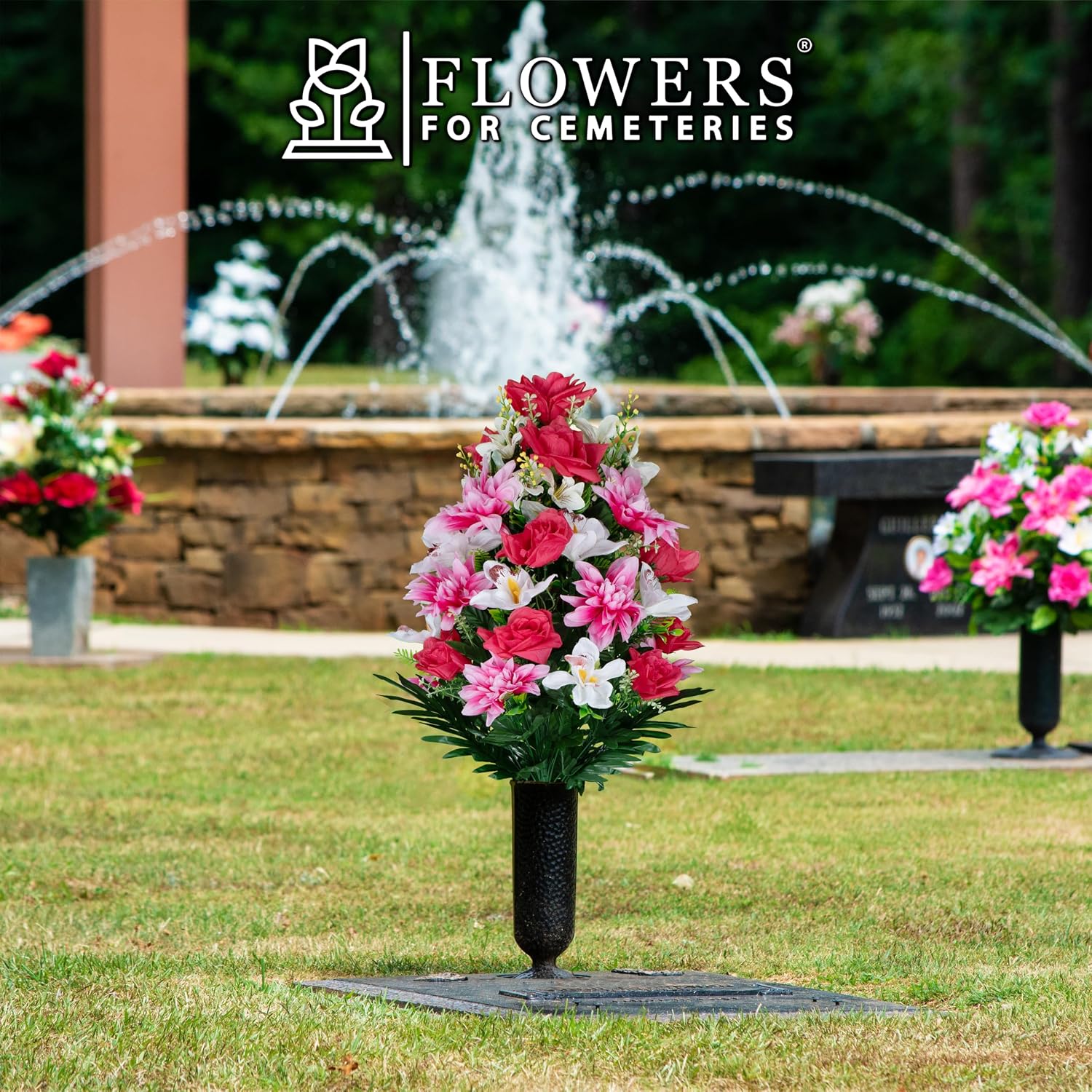Artificial Cemetery Flowers - Gravesite Flowers - Pink Roses with White Orchids and Pink Dahlias - (1) Bouquet