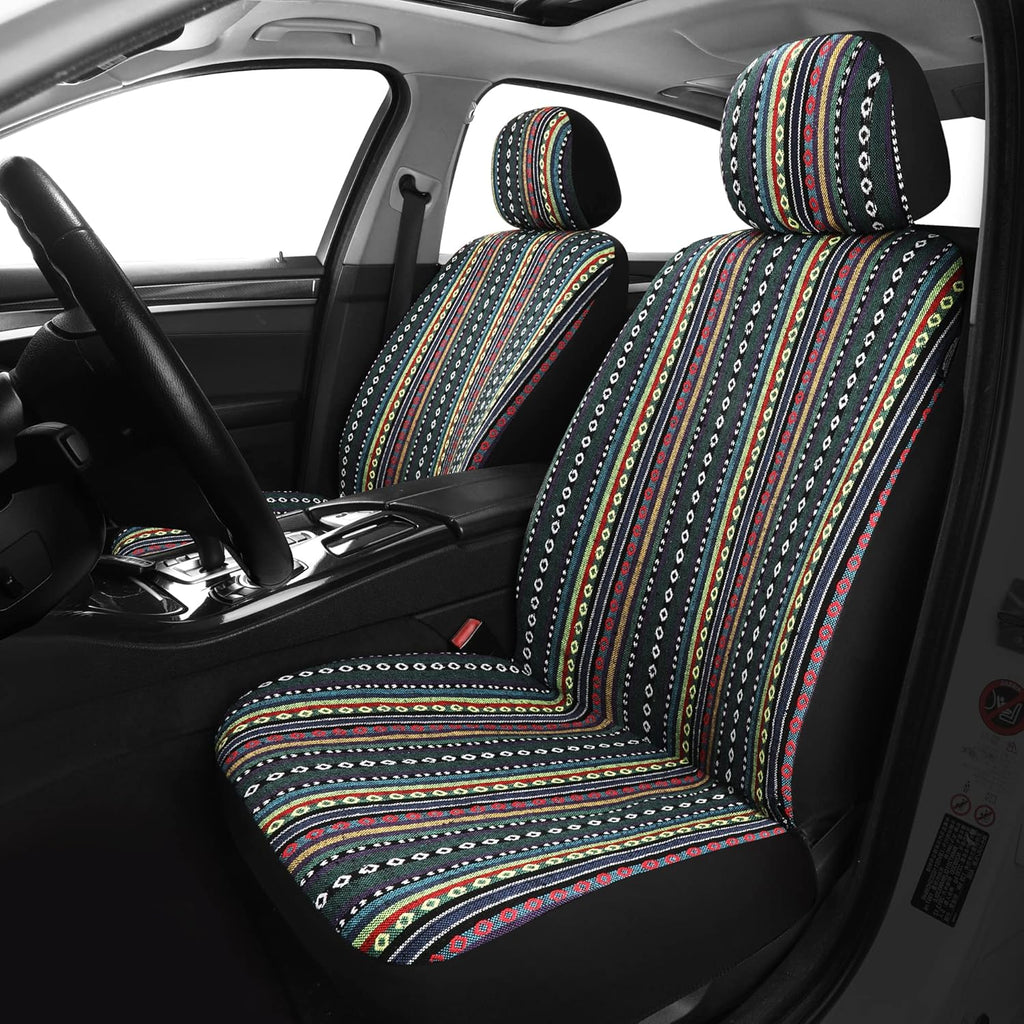 Baja Saddle Blanket Car Seat Covers Front Set with Seat Belt Pads, Washable Breathable Striped Woven Cloth Seat