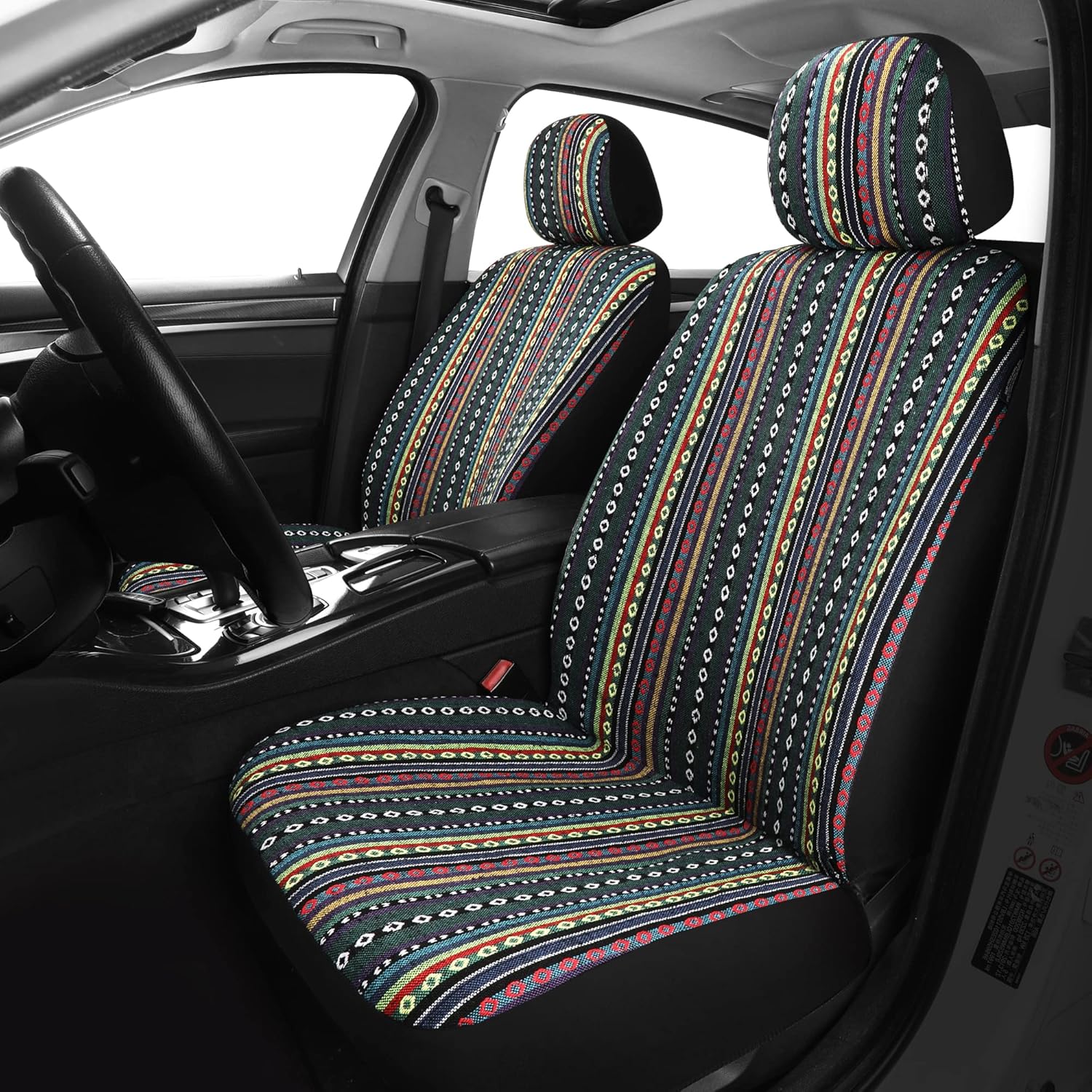 Baja Saddle Blanket Car Seat Covers Front Set with Seat Belt Pads, Washable Breathable Striped Woven Cloth Seat
