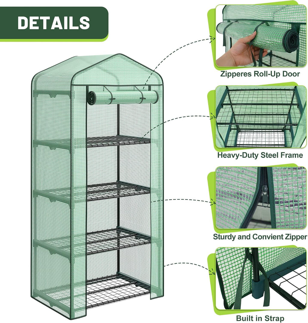 4 Tier Mini Greenhouse Indoor Outdoor with PE Cover and Roll-Up Zipper Door, Portable Waterproof Cloth Greenhouse