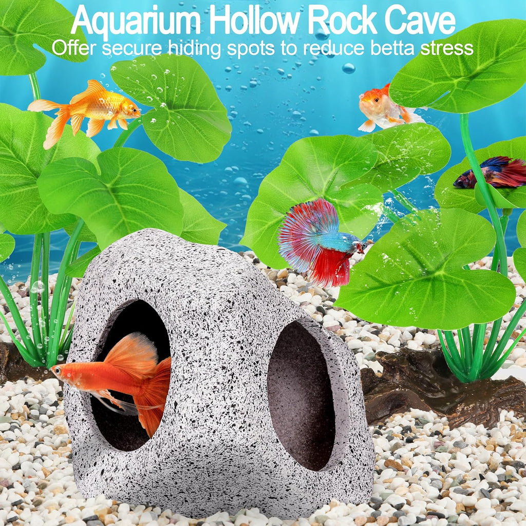 Fish Tank Decor, Silk Aquarium Plants and Hideaway Rock Cave Decor for Betta Fish Tank Accessories, Goldfish, Turtle