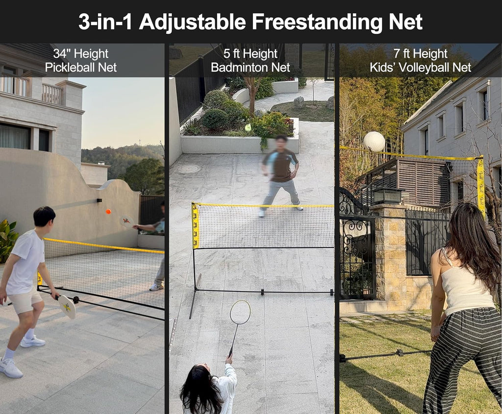 3-in-1 Portable Badminton Volleyball Pickleball Net Set for Backyards | Adjustable Height 34"-7 ft, Beach, Outdoor