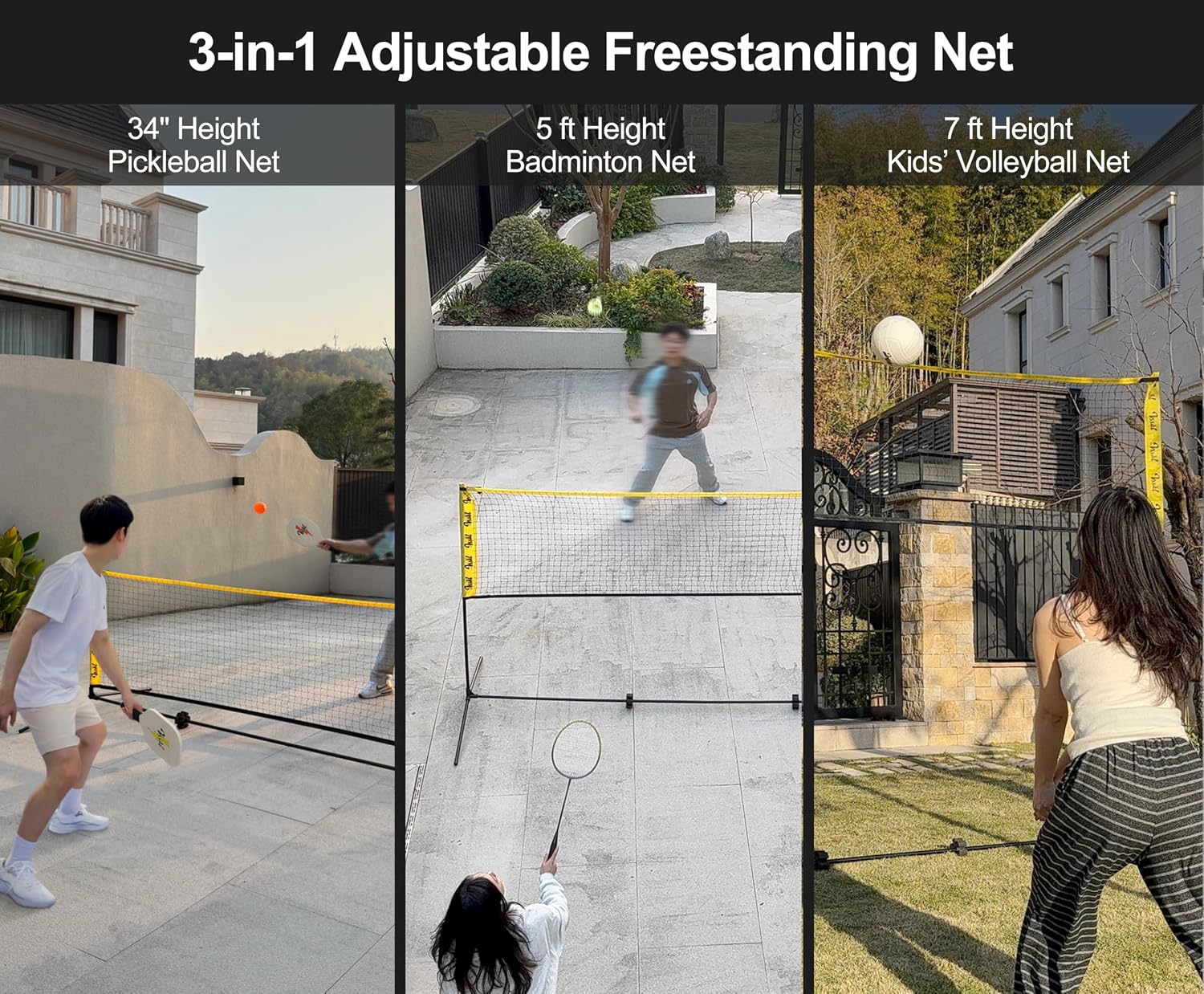 3-in-1 Portable Badminton Volleyball Pickleball Net Set for Backyards | Adjustable Height 34"-7 ft, Beach, Outdoor