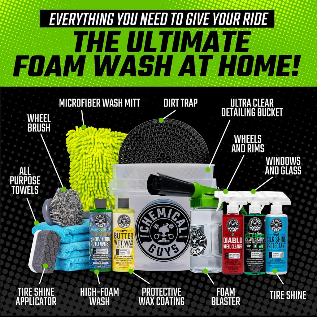 Car Wash Kit 14-Pc Arsenal Builder - with Foam Blaster, Wash Bucket, Towels, Applicators, and 16 oz Soaps, Waxes, and
