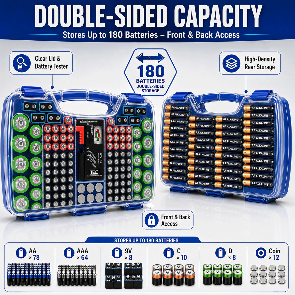 180 Battery Organizer Case with Tester, Double-Sided, Locking Lid, Blue