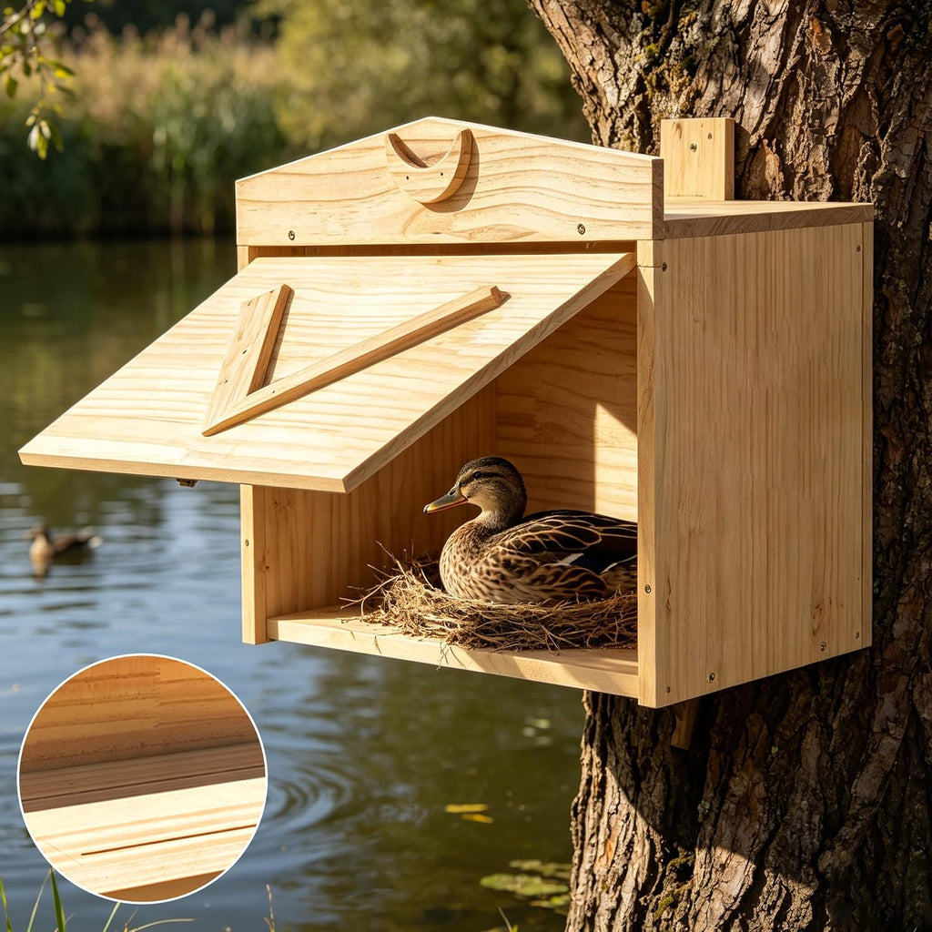 Handcrafted Solid Wood Duck House - Large Natural Outdoor Duck Nesting Box for Wood Ducks & Mergansers, Easy Pole