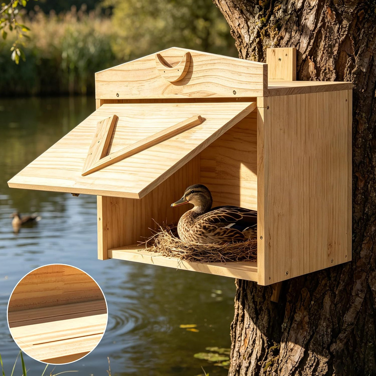Handcrafted Solid Wood Duck House - Large Natural Outdoor Duck Nesting Box for Wood Ducks & Mergansers, Easy Pole