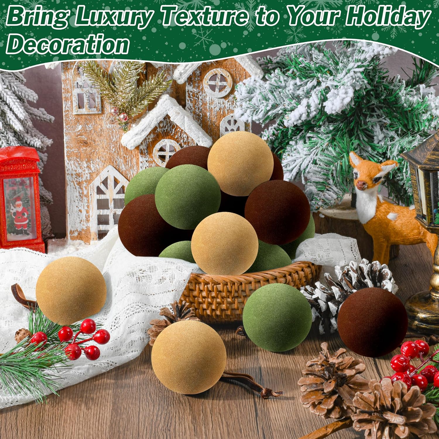 30 Pcs Velvet Christmas Balls,2.4 Inch Flocked Ornaments with Velvet Ribbons, Shatterproof Plastic Christmas Bulbs
