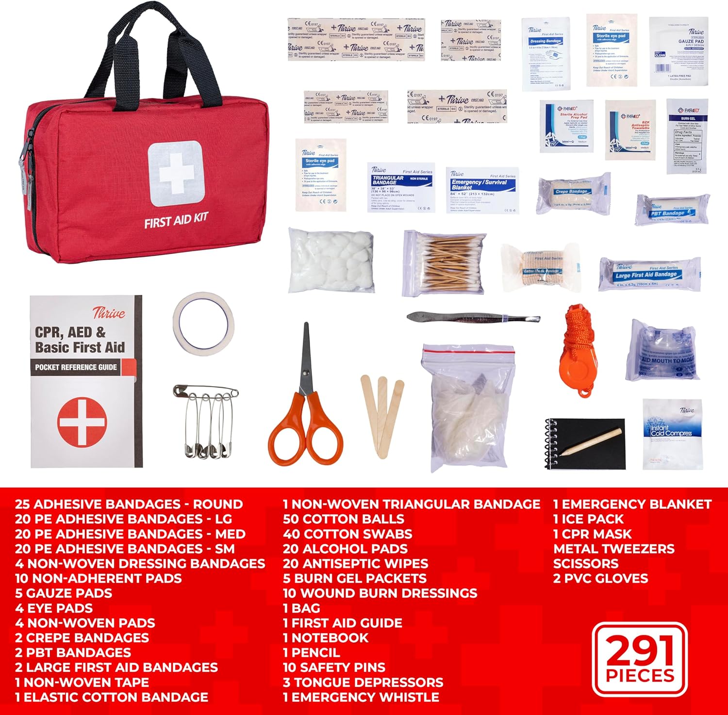 Home Essentials First Aid Kit (291 Pieces) - First Aid Bag with Multi-Sized Bandage, Gauze, Wipes, Scissors, Gloves