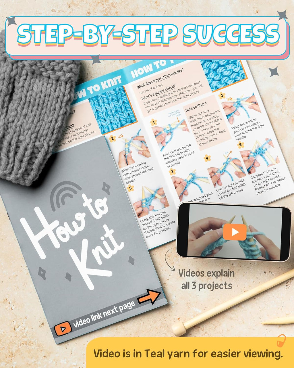 Complete Knitting Kit for Beginners - Learn to Knit Kit with Knitting Accessories Like Thick Beginner Yarn in Gray