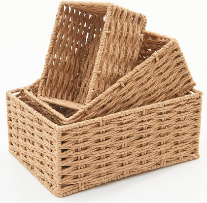 Small Wicker Basket for Organizing, Woven Storage Basket Set of 3 - Handwoven Natural Paper Rope Baskets to Declutter