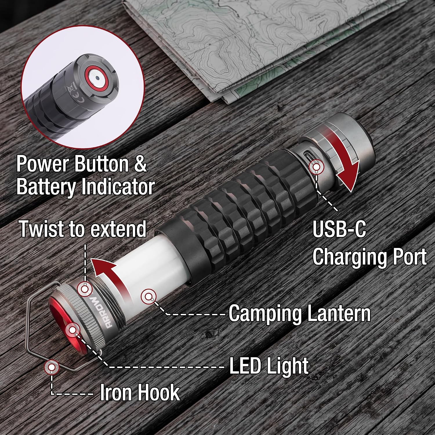 Arrow 2-in-1 Portable Camping Lantern and Flashlight with 3 Modes, USB-C Rechargeable LED Lantern with Battery