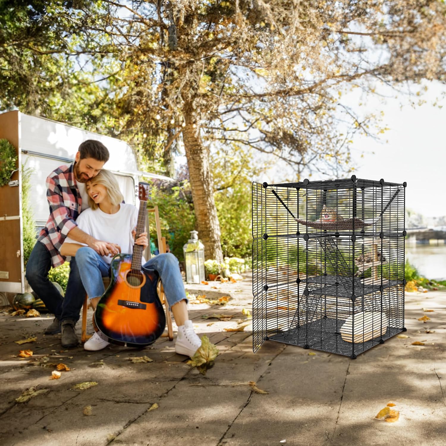 Cat Cage Indoor Cat Enclosures DIY Cat Playpen Detachable Metal Wire Kennels with Extra Large Hammock for 1-2 Cats