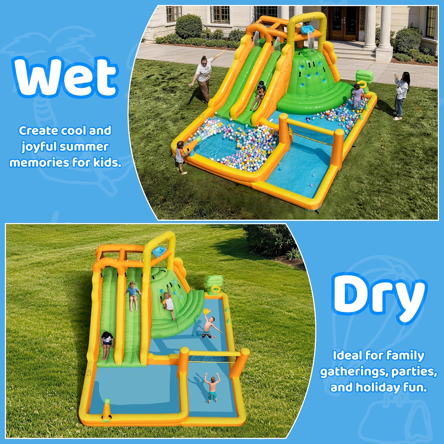 Inflatable Water Slide for Kids Backyard, 10 in 1 Water Park with Double Long Slides, Climbing Wall, Basketball Hoop