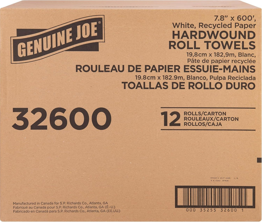 Embossed Hardwound Roll Towels, 2" Core, 1-Ply, 7.8" x 600', White, 12 Count