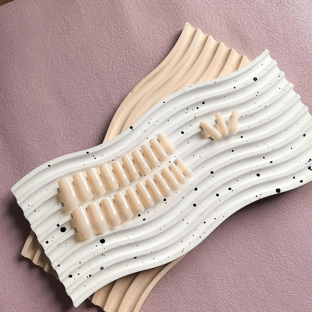 Nude Press on Nails Long Medium Square, Natural Nude Fake Nails Medium Coffin, Glossy Sheer Color Acrylic Nails Press