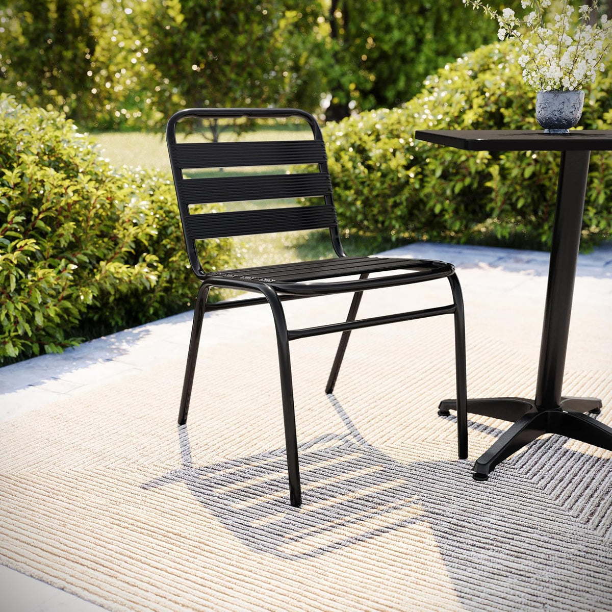 Metal Slat Back Indoor/Outdoor Stack Chair, Black