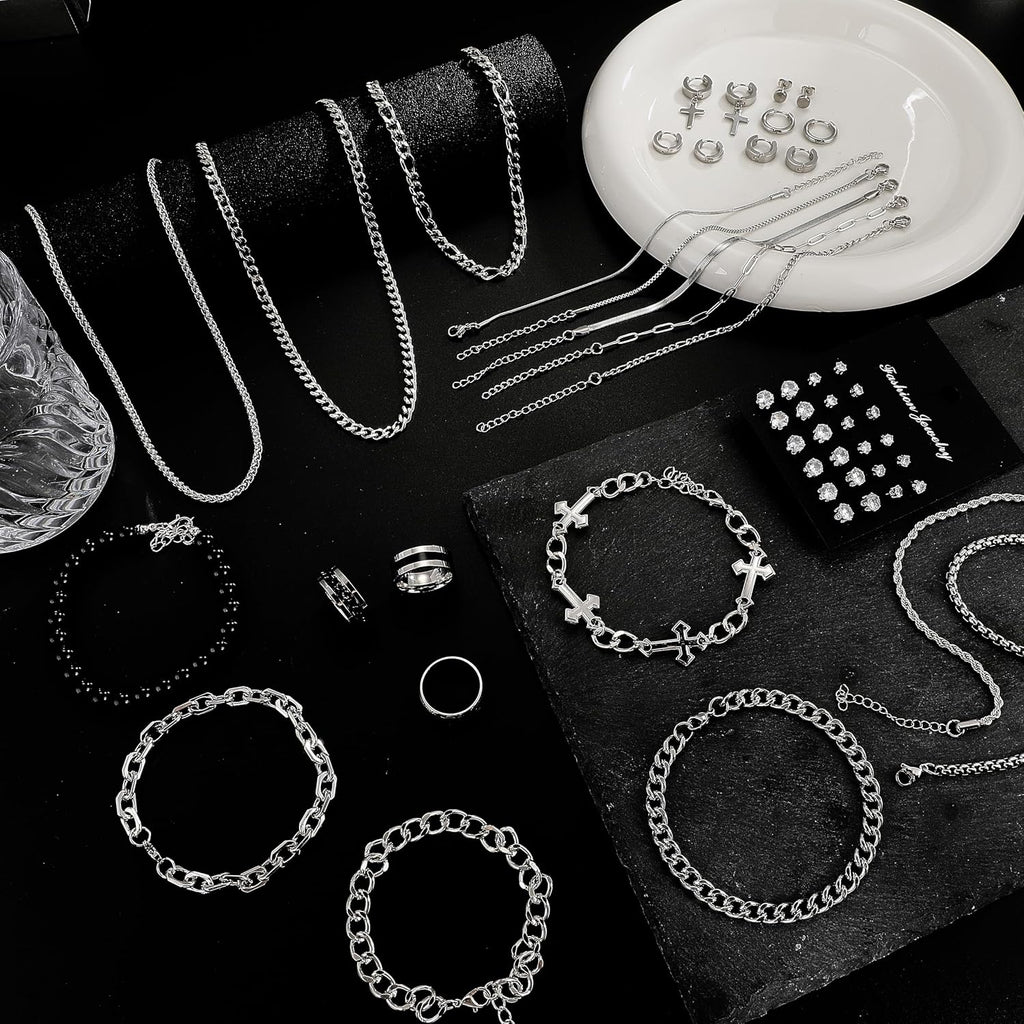 Jewelry Set for Men Silver Stainless Steel Cuban Link Necklace Bracelet Rings Hoop Stud Earrings Mens Jewelry Set