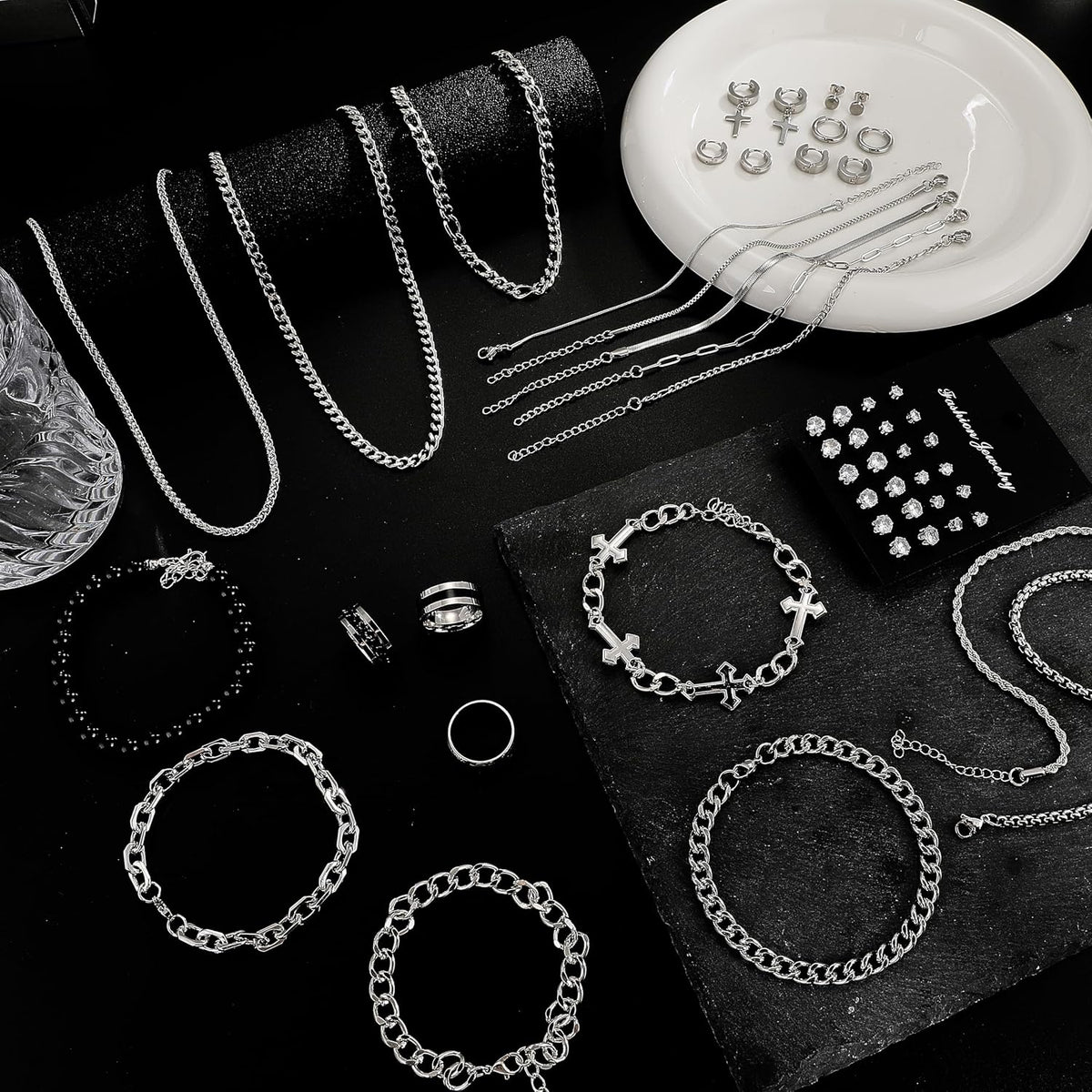 Jewelry Set for Men Silver Stainless Steel Cuban Link Necklace Bracelet Rings Hoop Stud Earrings Mens Jewelry Set