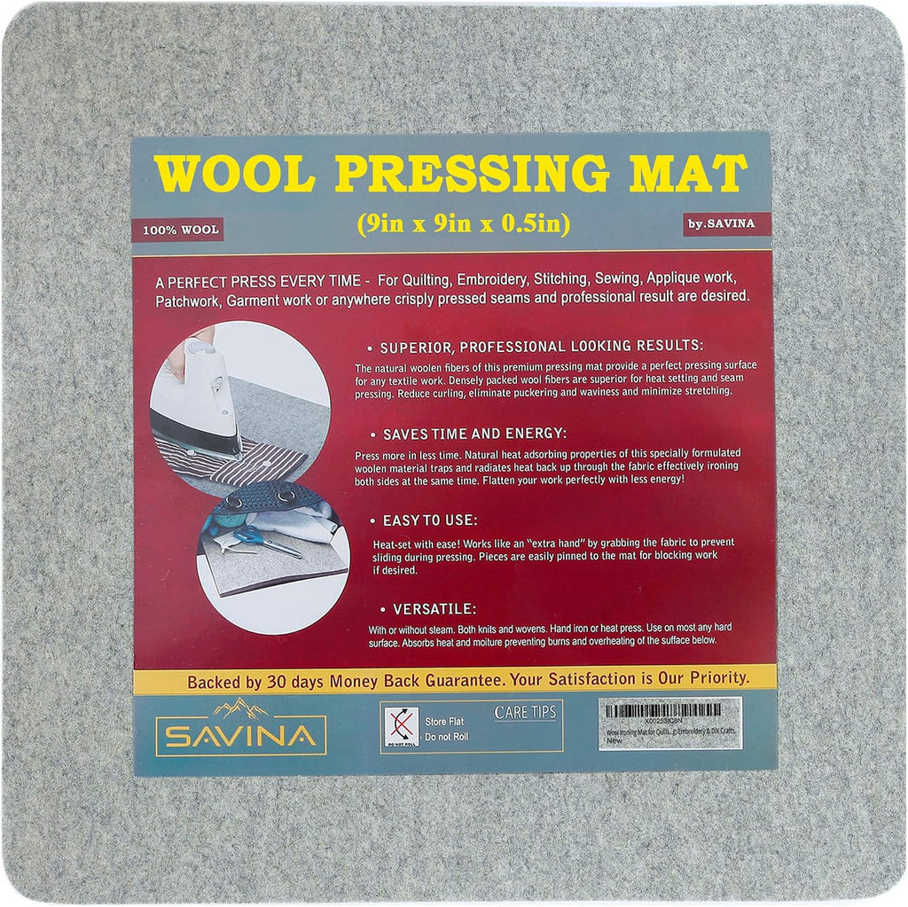 Wool Pressing Mat - 9" x 9" Quilting Ironing Pad - 100% New Zealand Felted Wool Iron Board for Quilters, Great for