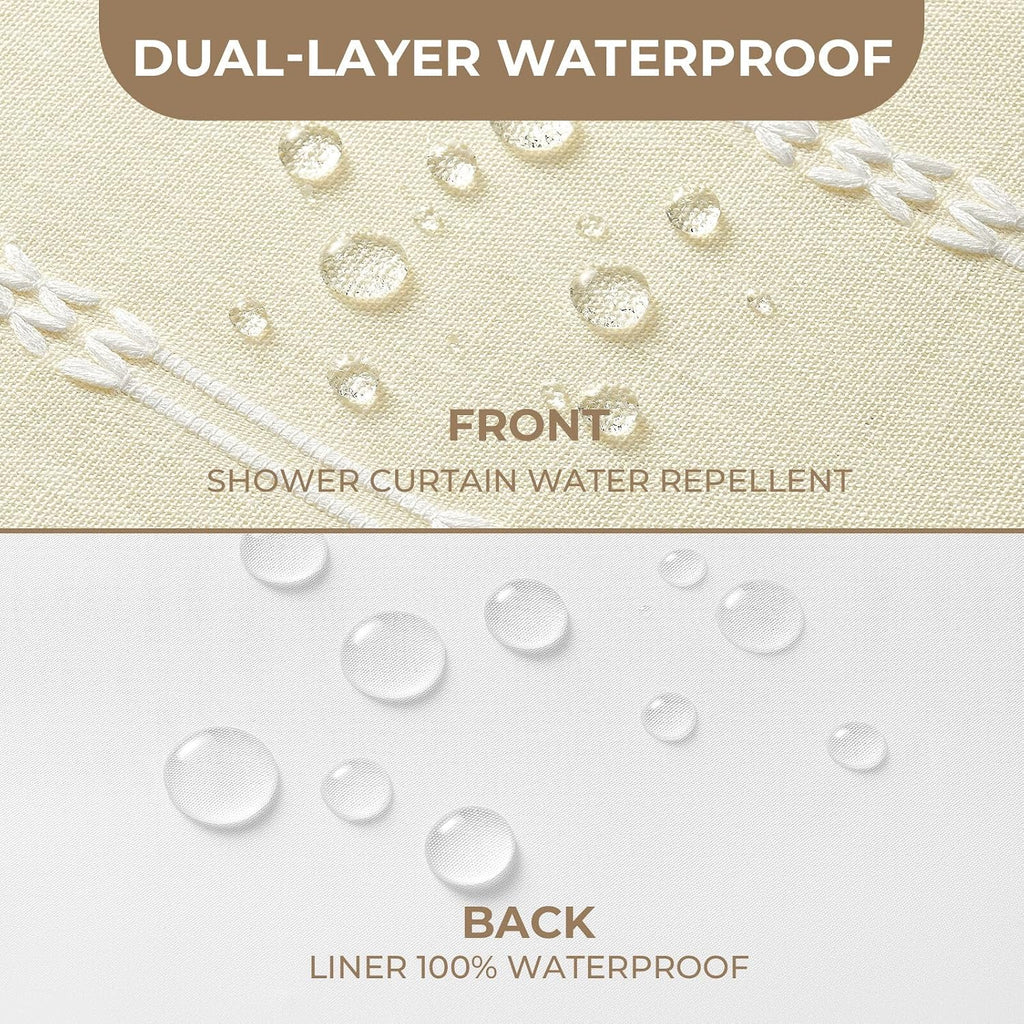 Linen Texture 3 in 1 Farmhouse Shower Curtain Set with Tassel, Boho Fabric Shower Curtains for Bathroom, Cream, 72W x