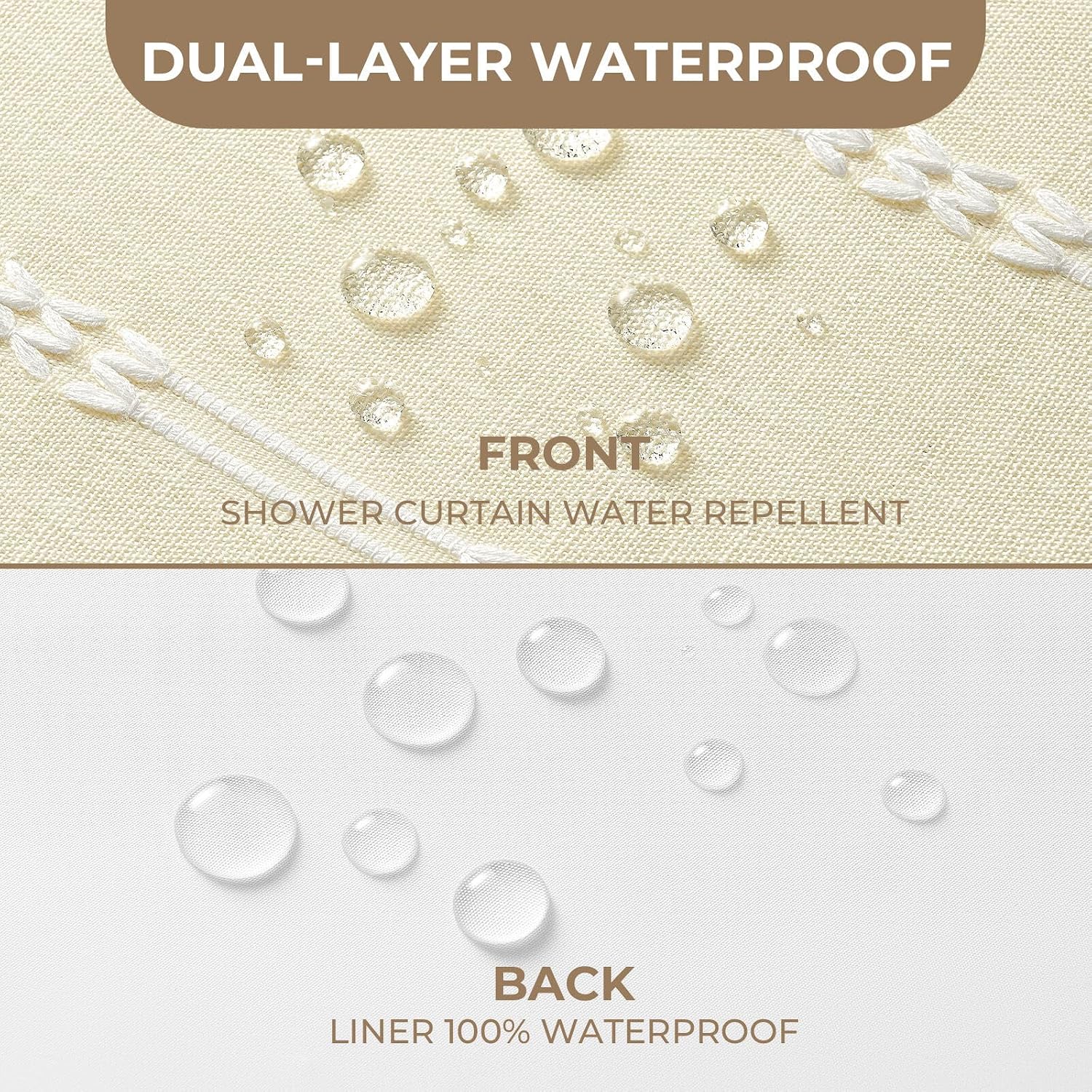 Linen Texture 3 in 1 Farmhouse Shower Curtain Set with Tassel, Boho Fabric Shower Curtains for Bathroom, Cream, 72W x