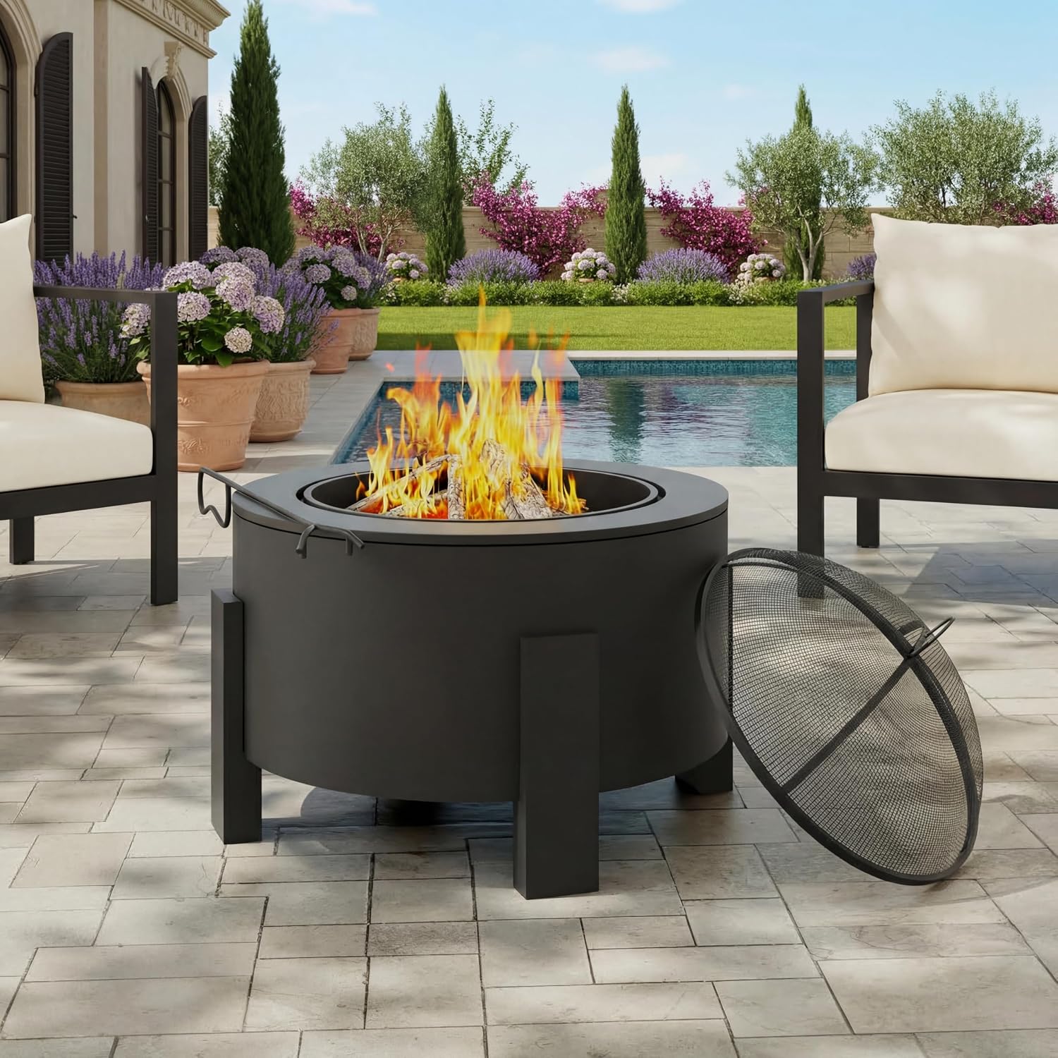 Flicker Wood Burning Steel Fire Pit with Spark Screen, 25" Round Portable Steel Patio Heater for Camping, Patio