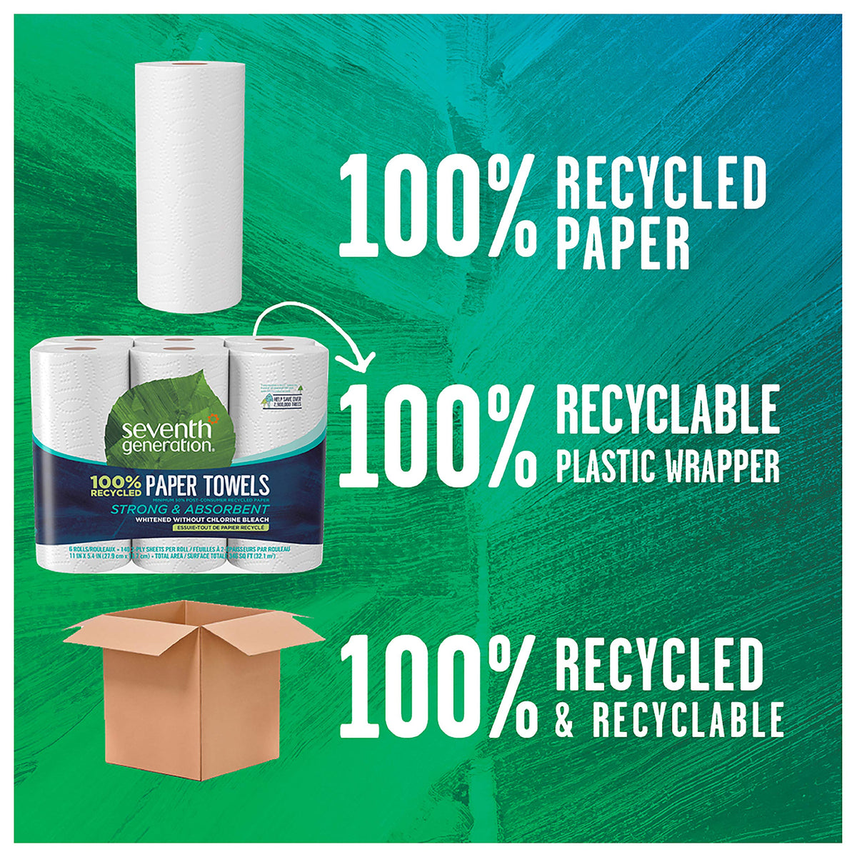 100% Recycled Paper Towels, 2 Ply, 140 Sheets, 6 Rolls