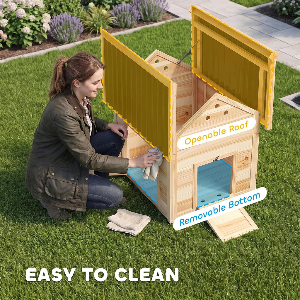 Duck Coop, Wooden Duck House, Outdoor Small Animal House with Openable Roof, Double Doors, Removable Base for 1-3