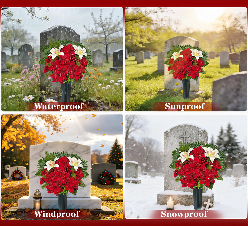 Artificial Cemetery Flowers, Red & White Poinsettia Christmas Bouquet