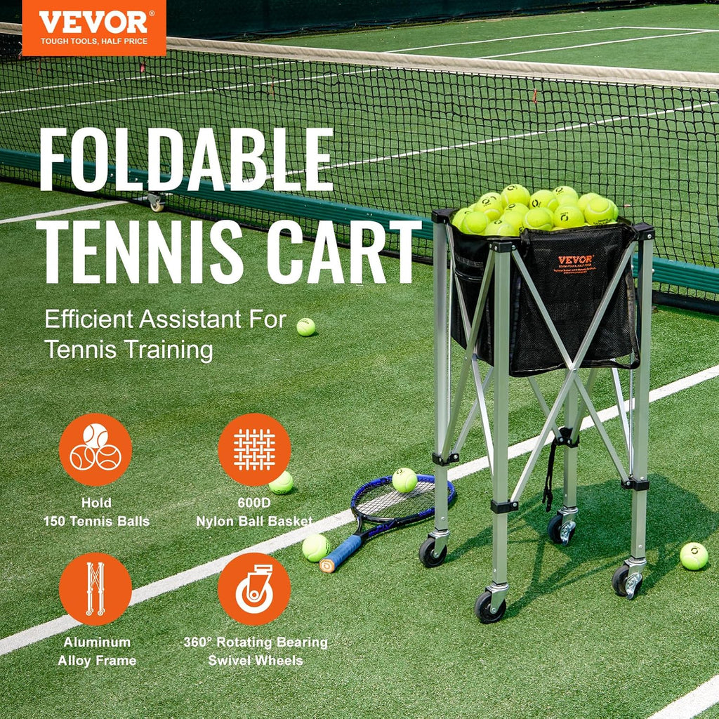 Foldable Tennis Ball Hopper, Holds 150-180 Tennis Balls, Lightweight Aluminum Alloy Tennis Ball Basket Cart with
