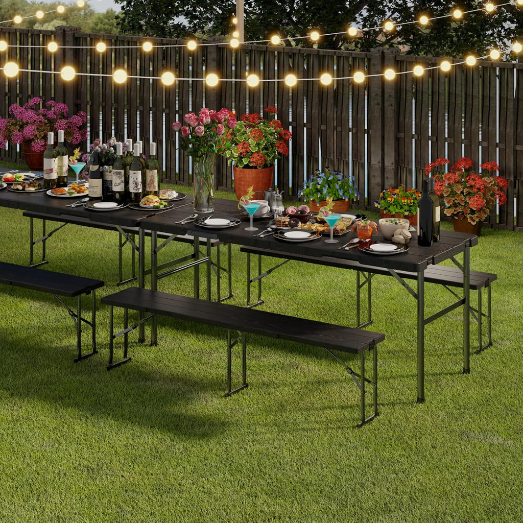 Folding Table with 2 Benches Set, 6FT Picnic Table with 2 Chairs, 3pcs Plastic Camping Tables and Foldable Bench Sets