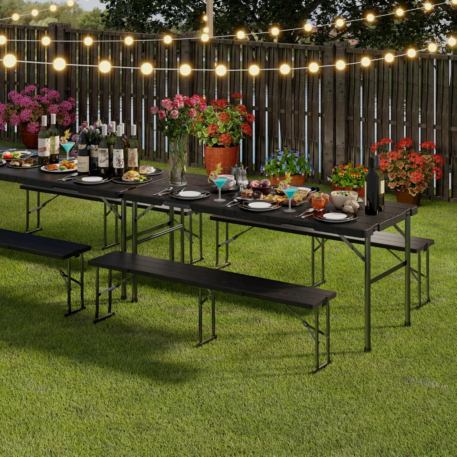 Folding Table with 2 Benches Set, 6FT Picnic Table with 2 Chairs, 3pcs Plastic Camping Tables and Foldable Bench Sets