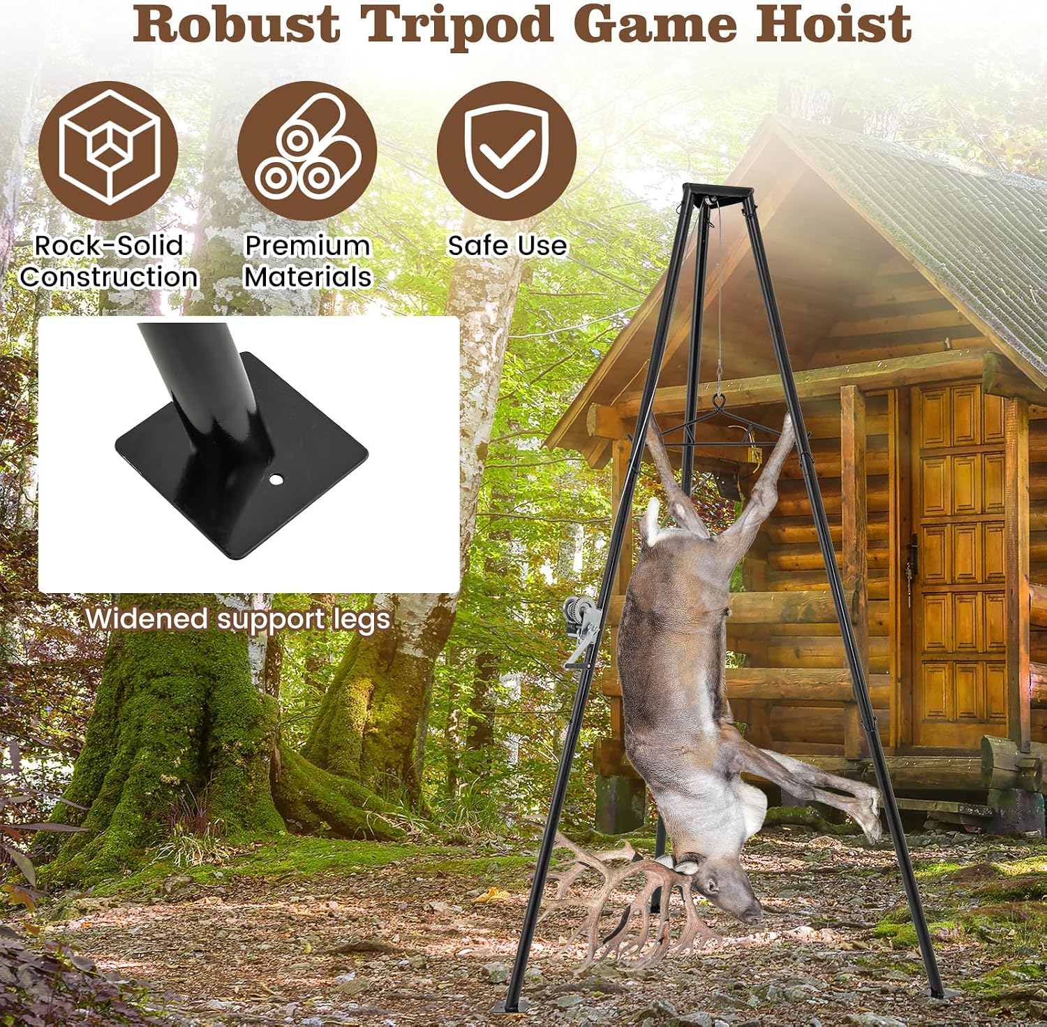 Moccha 600 LBS Tripod Game Hoist, Heavy-Duty Deer Hanger with Adjustable Gambrel & Manual Winch, Deer Hunting