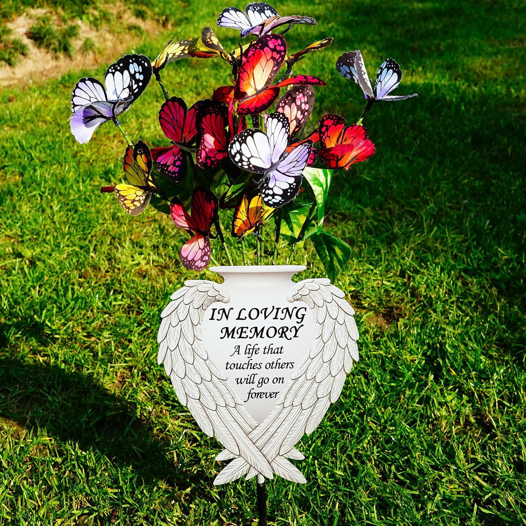 Solar Angel Wing Memorial Stake - Metal Silhouette Grave Decorations for Cemetery - Flat Outdoor Sympathy Gift with