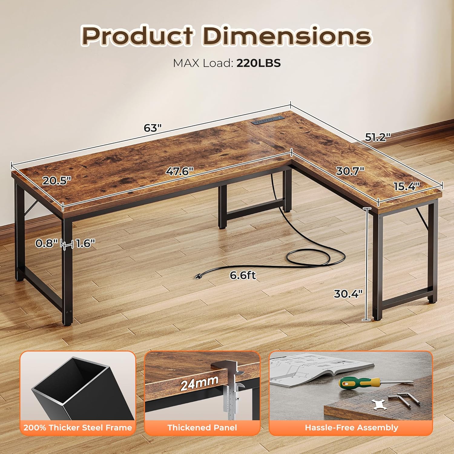 63 Inch L Shaped Desk with Power Outlets and USB-C Port, 0.95 Inch Thicker Desktop, Reversible Computer Desk, Larger