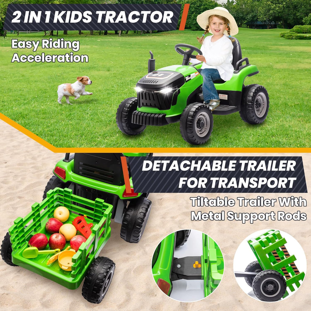 24V 7Ah Ride On Tractor w/Tiltable & Detachable Trailer, MOEYURO Kids Electric Vehicles Tractor w/400W Motors
