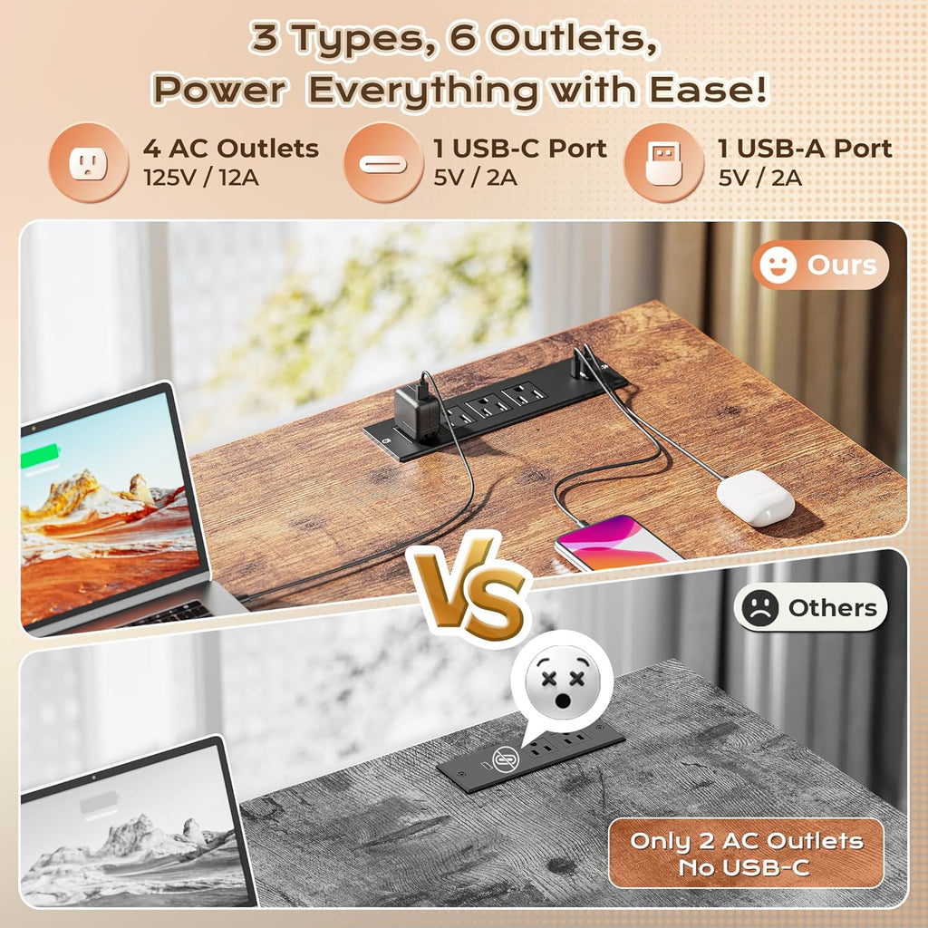 63 Inch L Shaped Desk with Power Outlets and USB-C Port, Computer Corner Home Office Desk with File Fabric Drawers