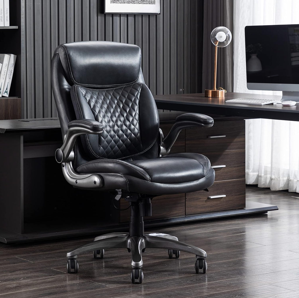Ergonomic Executive Office Chair with Adjustable Lumbar Support, Flip-up Arms, Height Adjustable, 360° Rolling