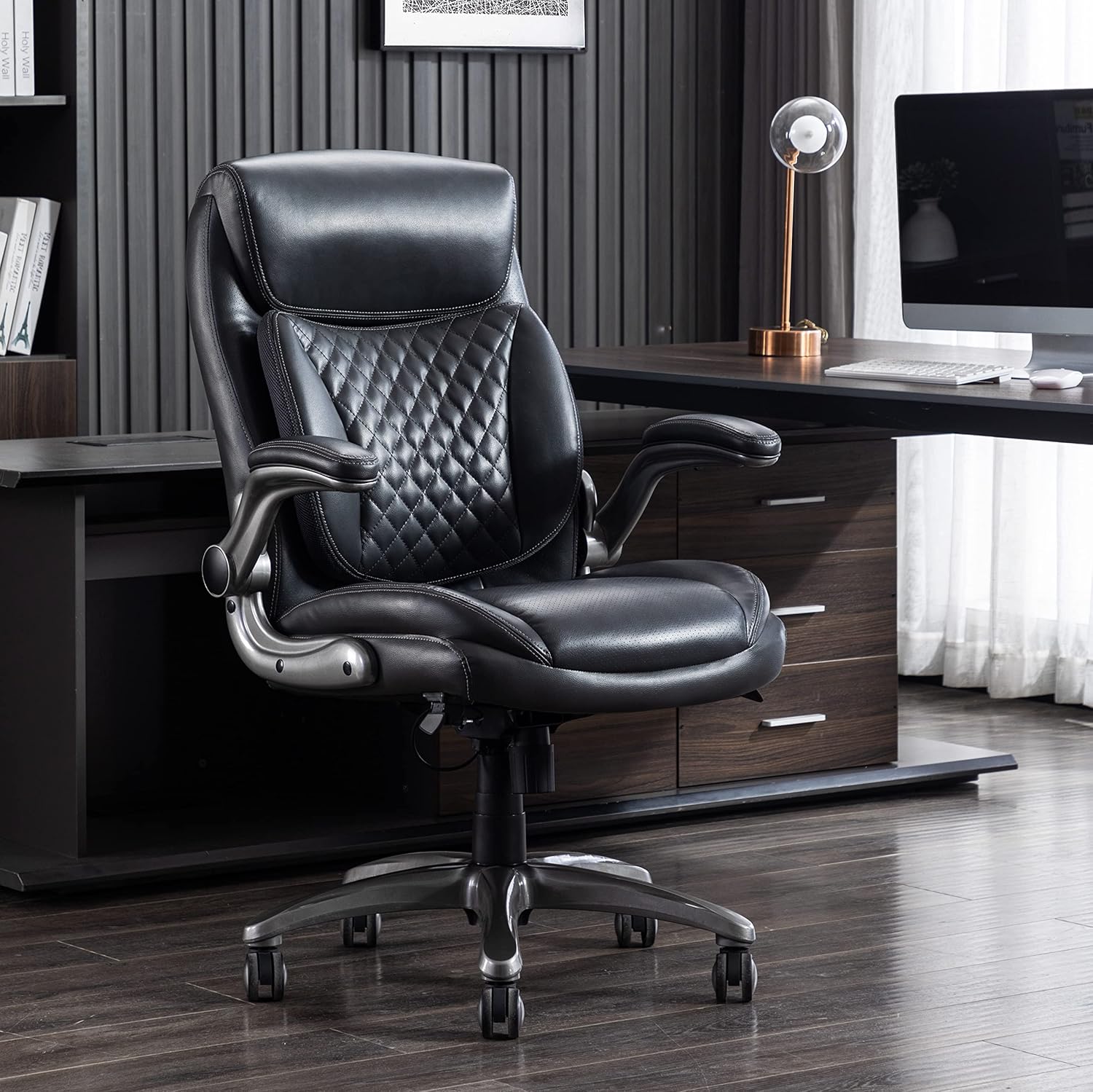 Ergonomic Executive Office Chair with Adjustable Lumbar Support, Flip-up Arms, Height Adjustable, 360° Rolling