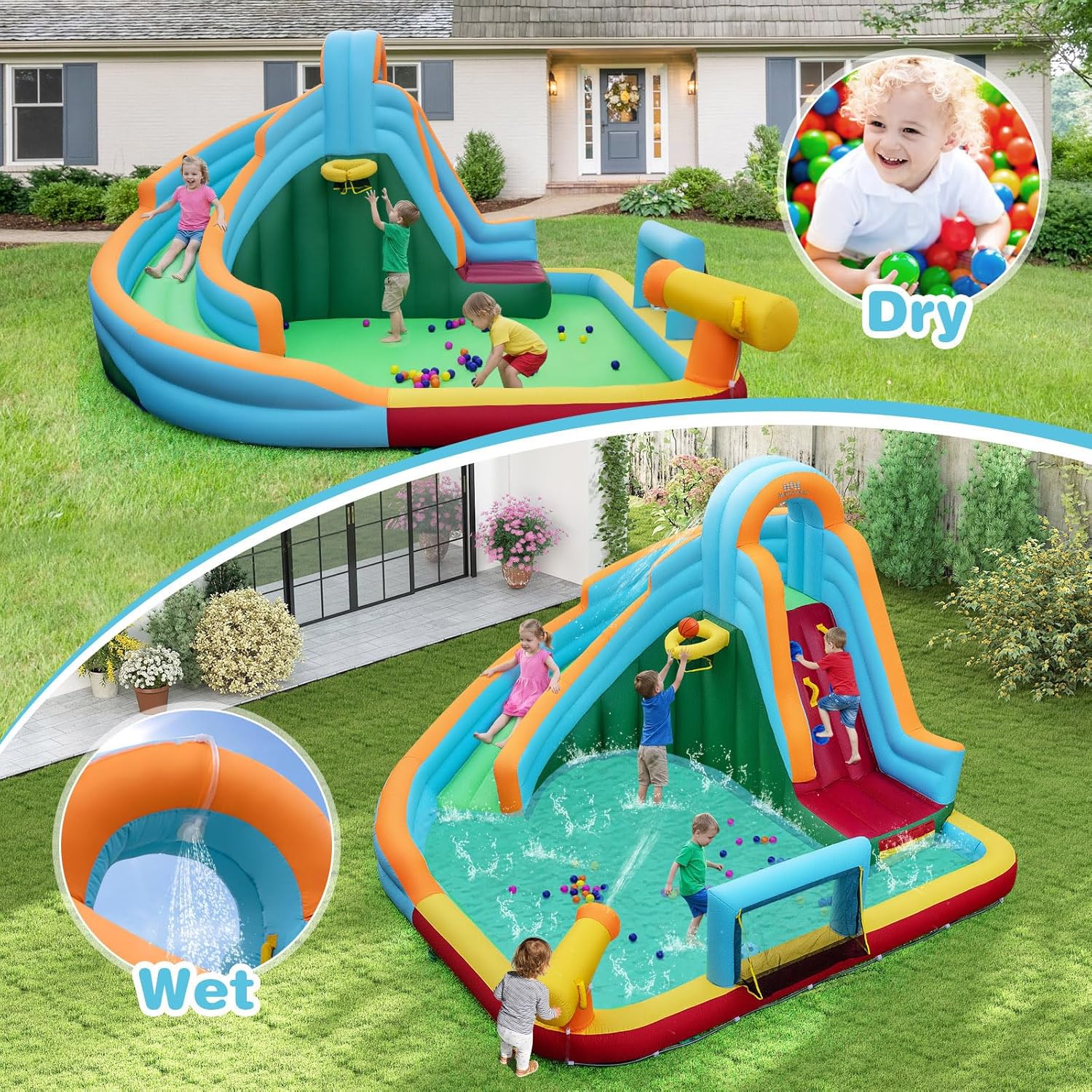 Inflatable Water Slide for Kids, 6 in 1 Water Park Bounce Castle for Backyard w/Ocean Balls, Splash Pool, Soccer