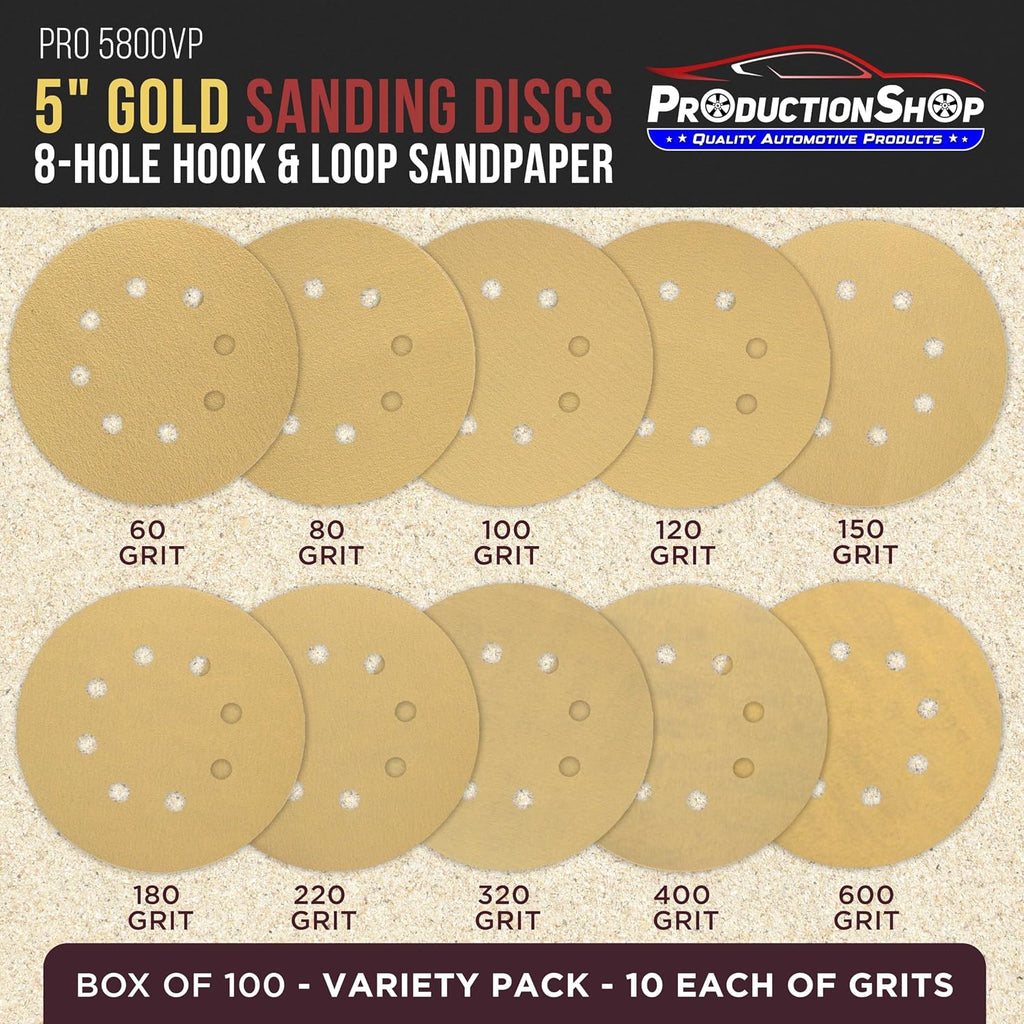 Premium 5" Gold Sanding Discs, 8-Hole Pattern, 100 Disc Variety Pack, Grits 60, 80, 100, 120, 150, 180, 220, 320