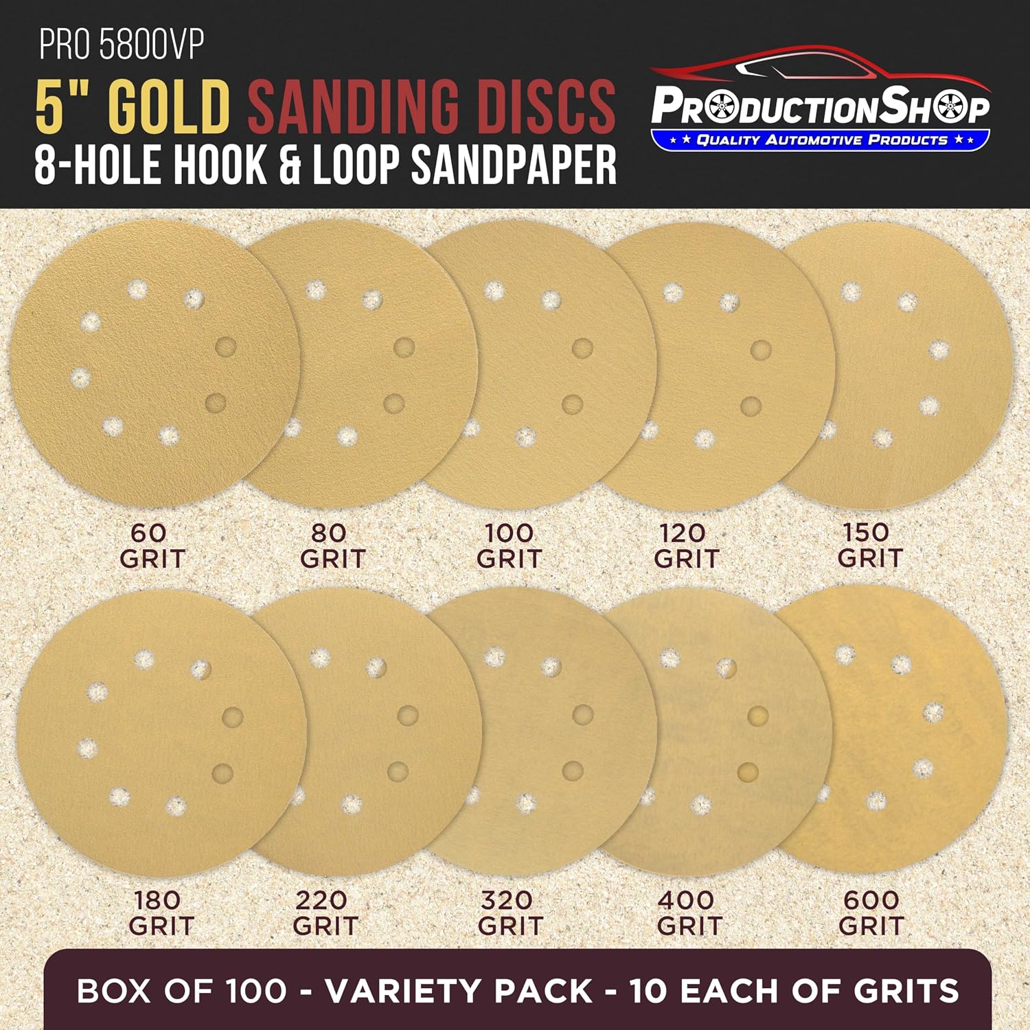 Premium 5" Gold Sanding Discs, 8-Hole Pattern, 100 Disc Variety Pack, Grits 60, 80, 100, 120, 150, 180, 220, 320
