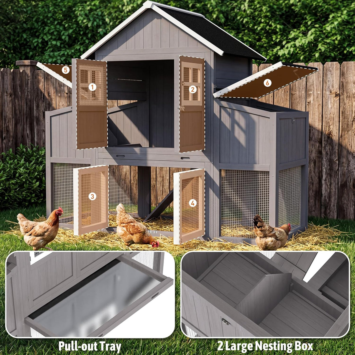 69.5" Large Chicken Coop with Run for 4-8 Chickens, Grey