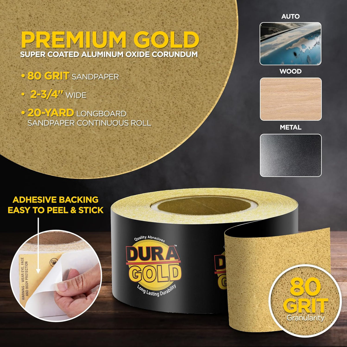 Dura-Gold Gold PSA Longboard Sandpaper, 80 Grit, 20 Yard Roll, 2-3/4" Wide