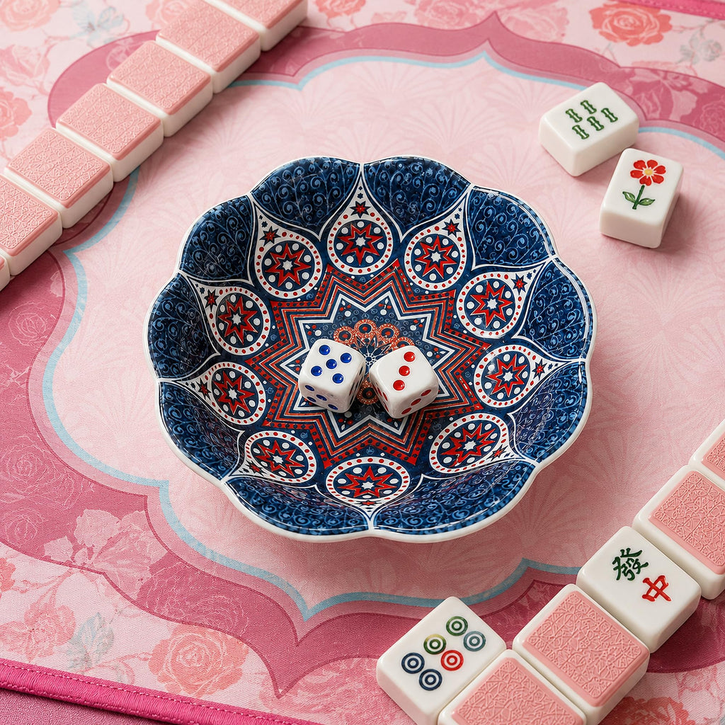 Bohemian Hand-Painted Ceramic Mahjong Dice Tray, Purple Red