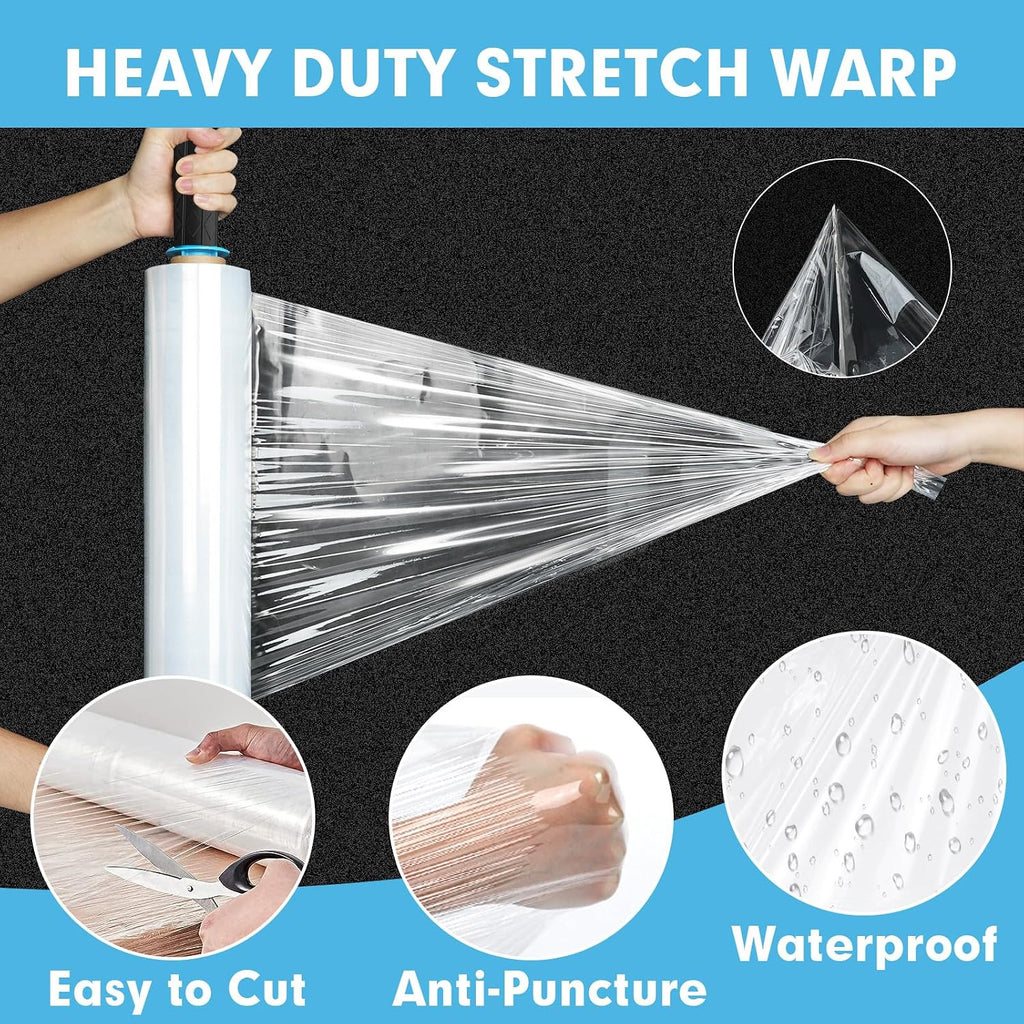 4 Pack Stretch Film with 2 Handles, 15" x 1200Ft Per Roll, 60 Gauge